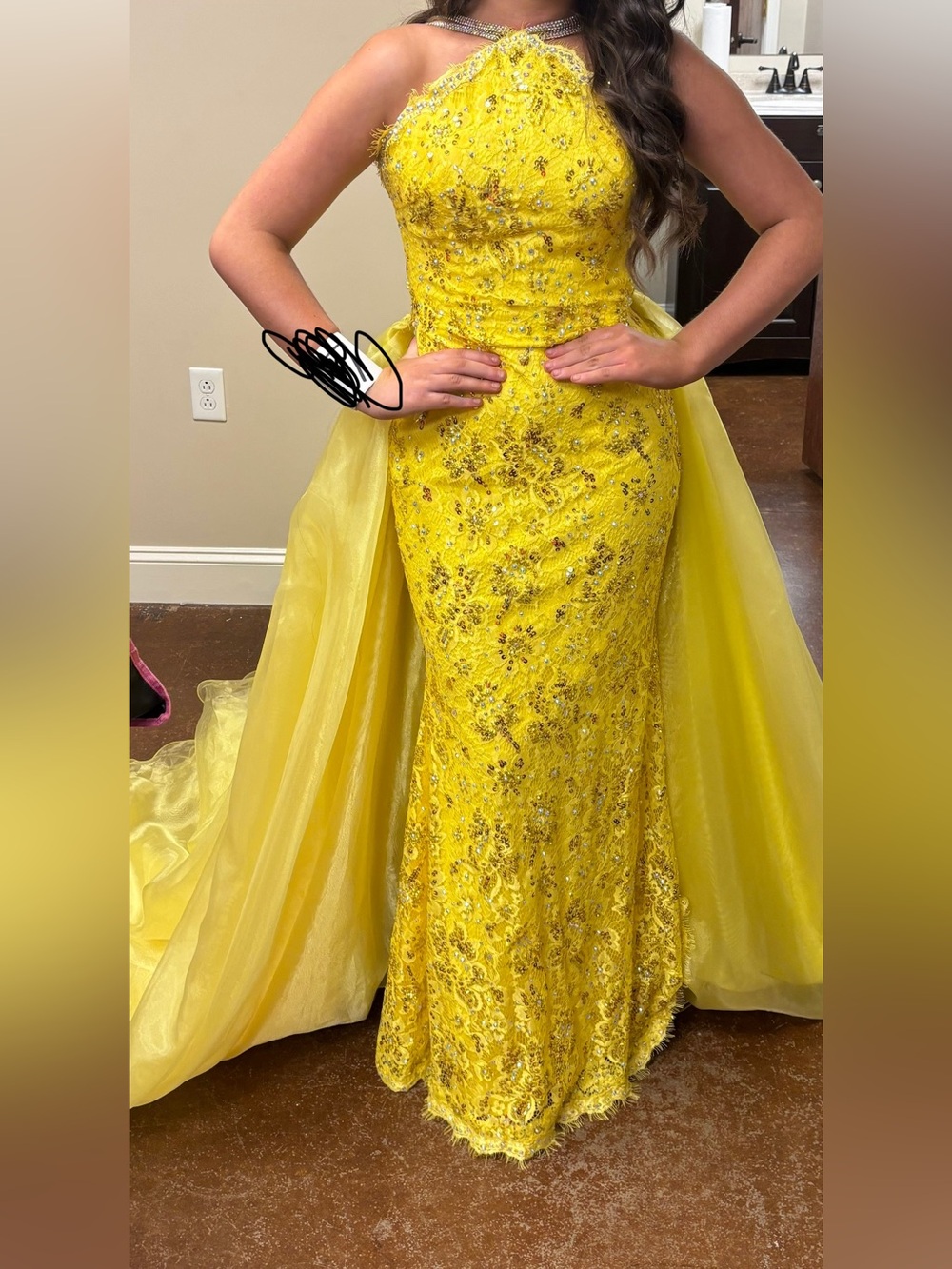 Yellow Beaded Prom Gown with Draped Overskirt